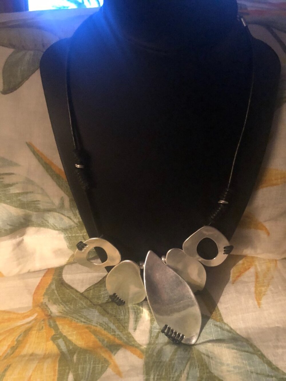 Black and silver necklace with black leather necklace  rope